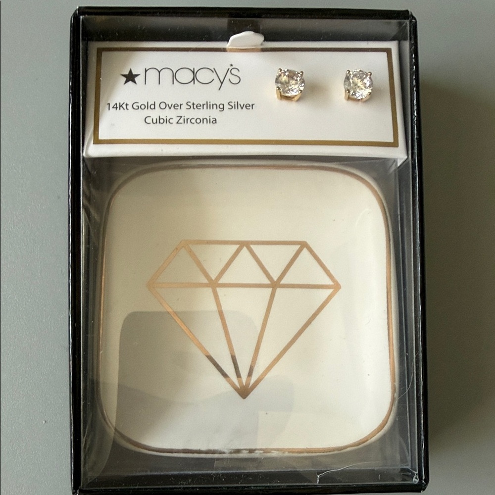 Macy's Gold 14K GoldTone Stud Earrings with Cubic Zirconia and Tray